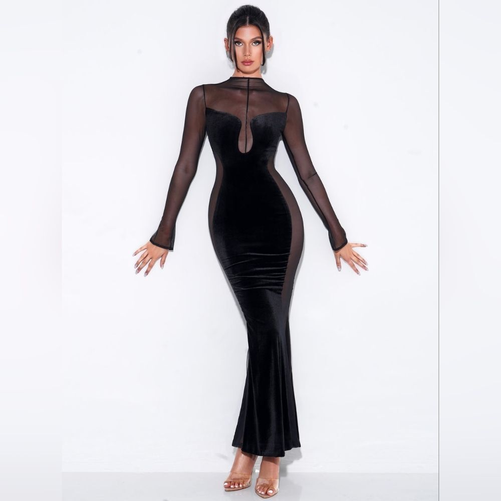 Velvet Cutout Mesh Maxi Dress